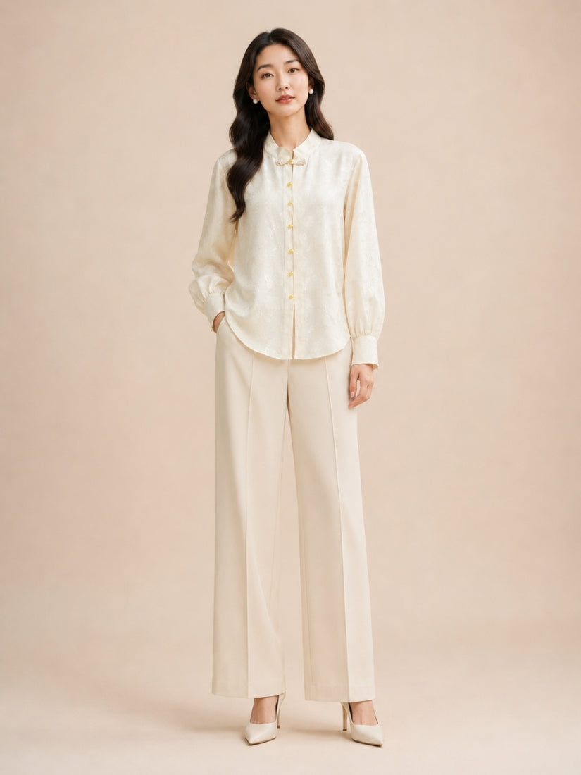 Dahlia - Mandarin Collar Silk Jacquard Blouse Ivory | The Silk Avenue