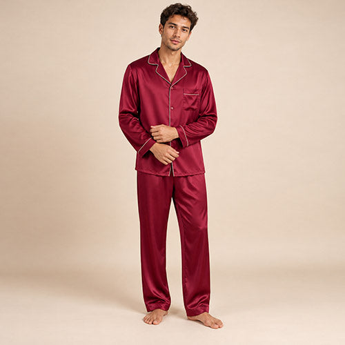 Darel - Red Long-Sleeve Silk Pajama Set | The Silk Avenue