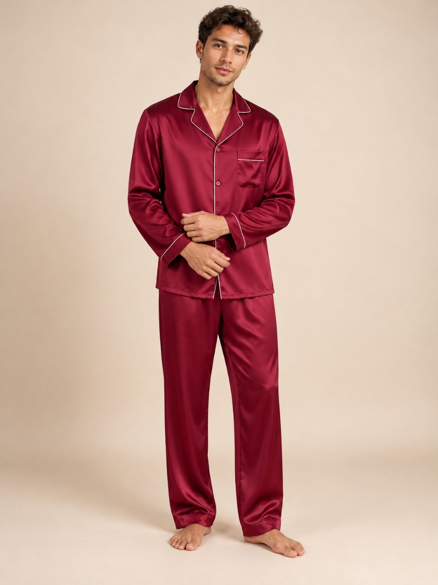 Darel - Red Long-Sleeve Silk Pajama Set | The Silk Avenue