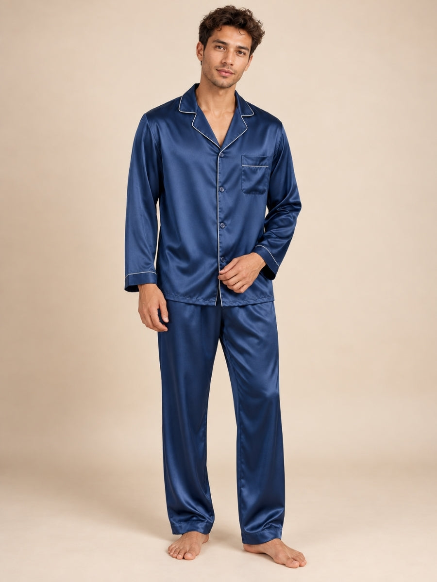 Darel - Navy Long-Sleeve Silk Pajama Set | The Silk Avenue