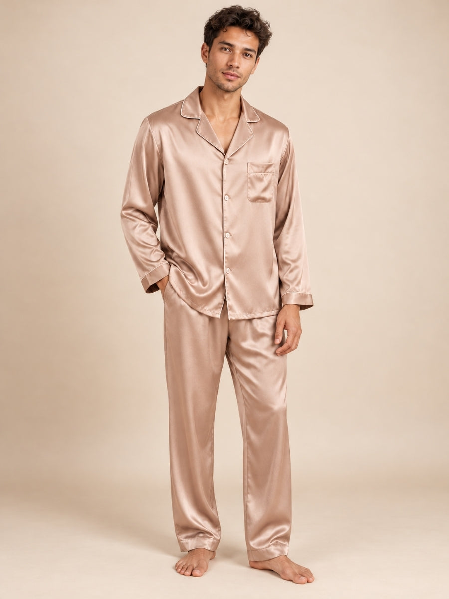 Darel - Champagne Long-Sleeve Silk Pajama Set | The Silk Avenue