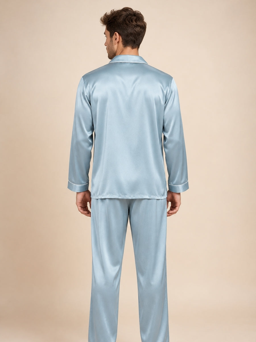 Darel - Light Blue Long-Sleeve Silk Pajama Set | The Silk Avenue