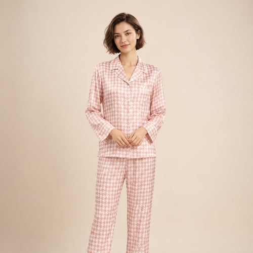 Daryssa - Pink Houndstooth Silk Pajama Set | The Silk Avenue