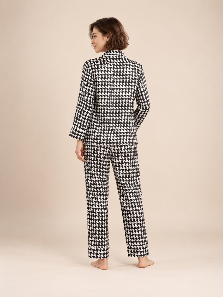 Daryssa - Black Houndstooth Silk Pajama Set | The Silk Avenue