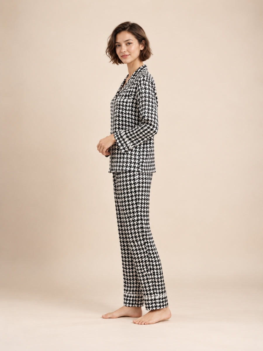 Daryssa - Black Houndstooth Silk Pajama Set | The Silk Avenue