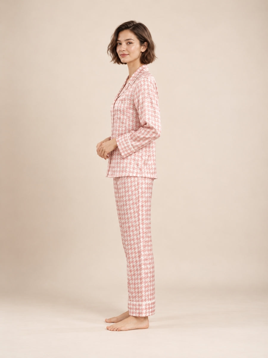Daryssa - Pink Houndstooth Silk Pajama Set | The Silk Avenue
