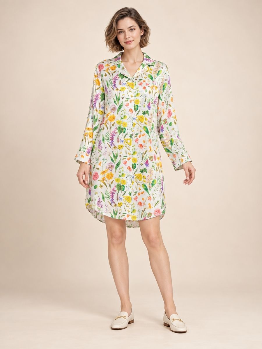 Eirisse - Floral Print Botanical Silk Shirt Dress | The Silk Avenue