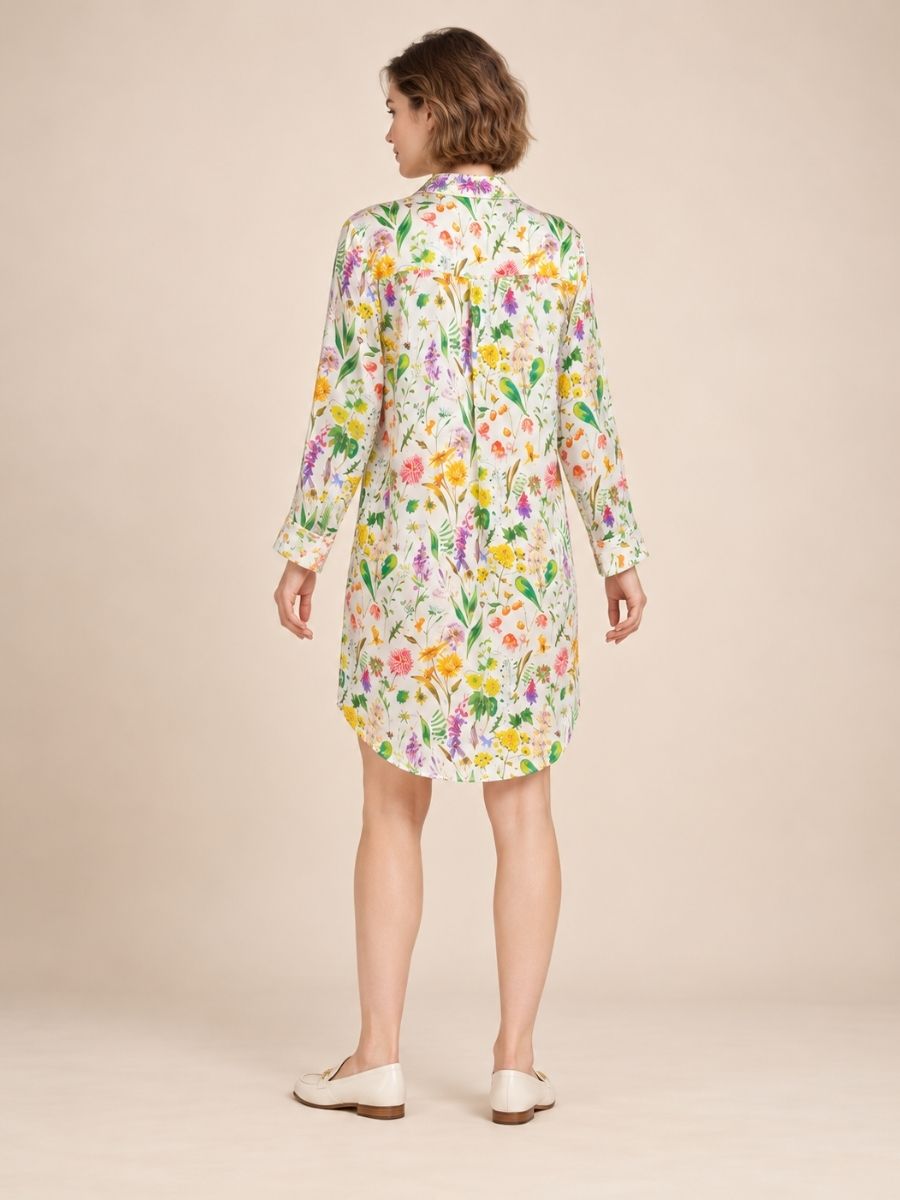 Eirisse - Floral Print Botanical Silk Shirt Dress | The Silk Avenue