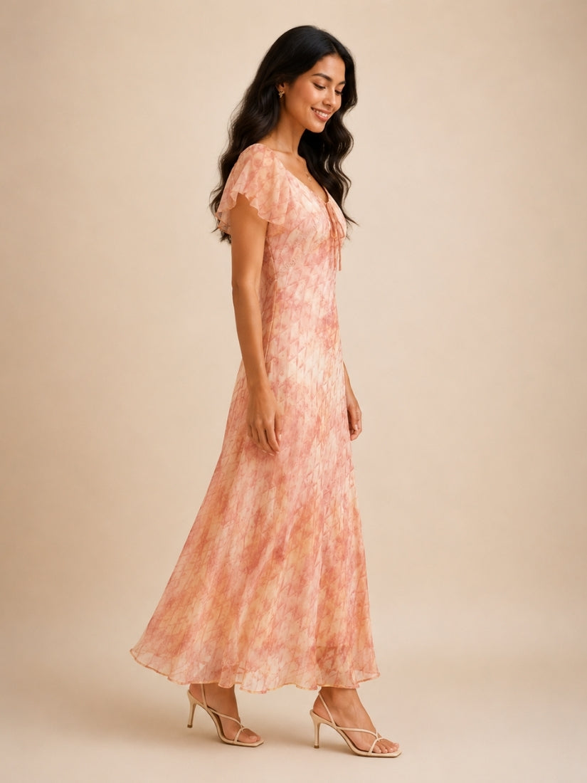 Elaine - Watercolor Print Silk Maxi Dress Blush Peach | The Silk Avenue