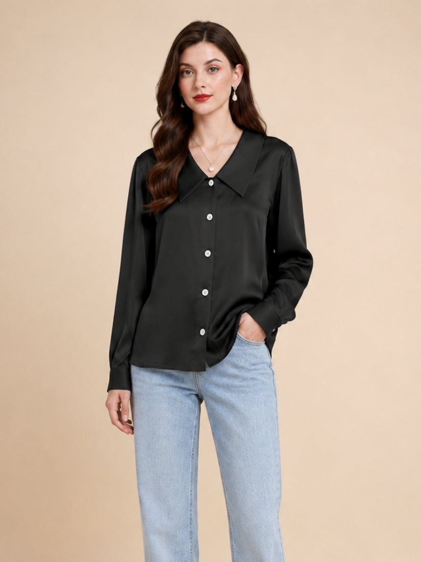 Eleanor – Black Pointed Collar Silk Blouse | The Silk Avenue