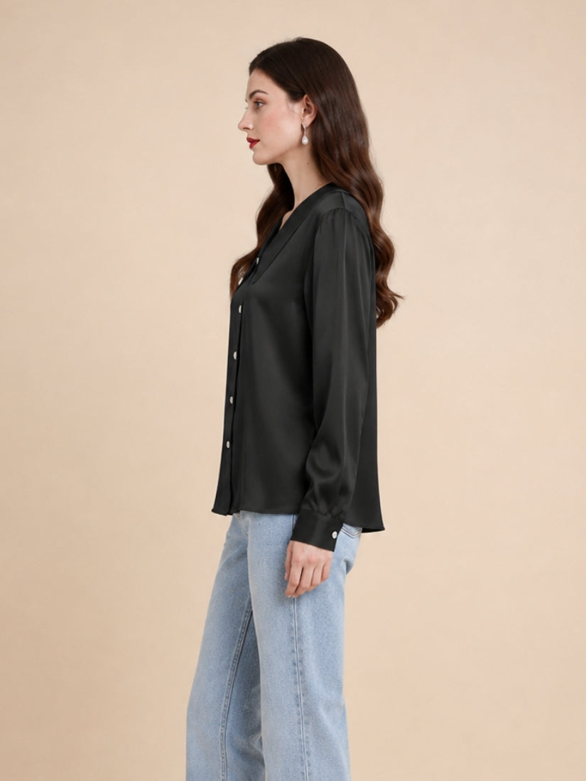 Eleanor – Black Pointed Collar Silk Blouse | The Silk Avenue