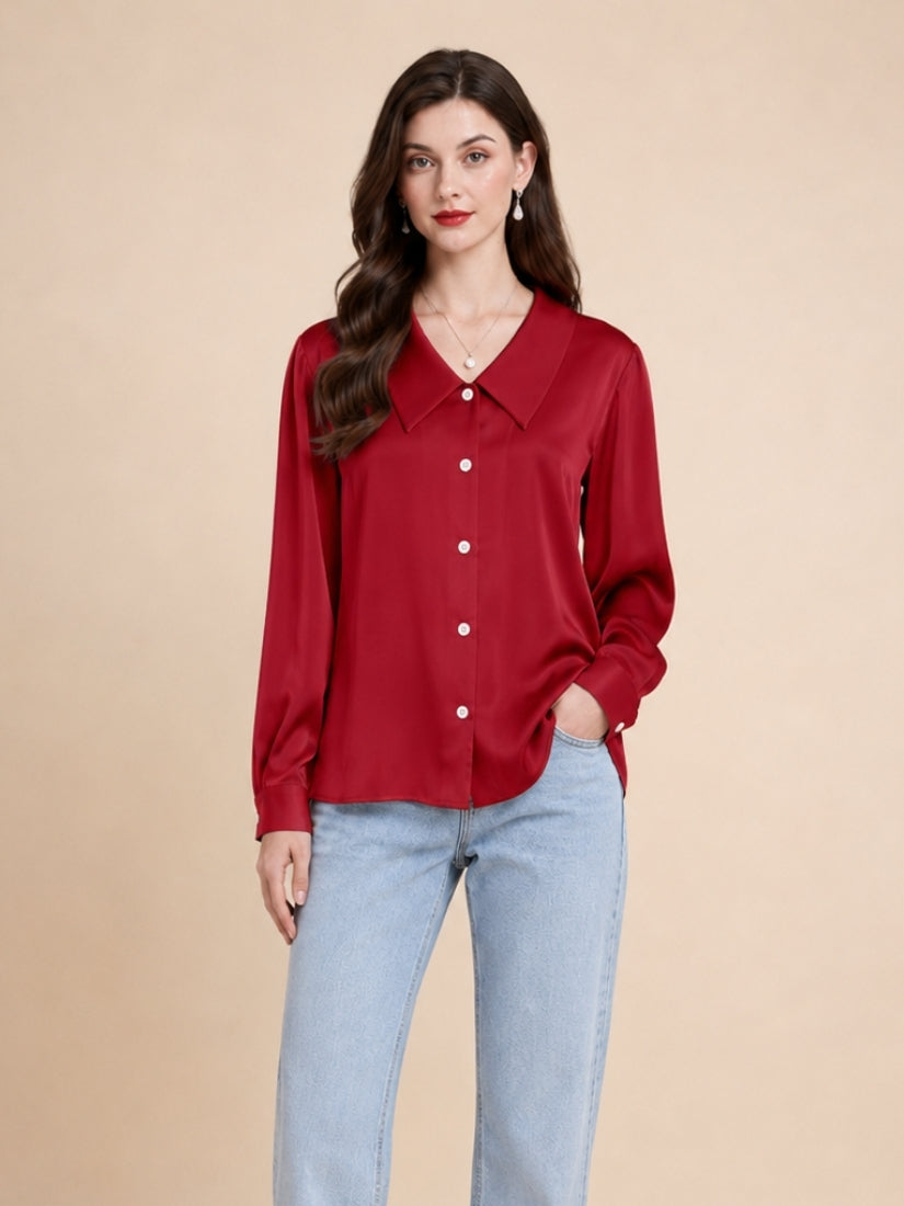 Eleanor – Red Pointed Collar Silk Blouse | The Silk Avenue