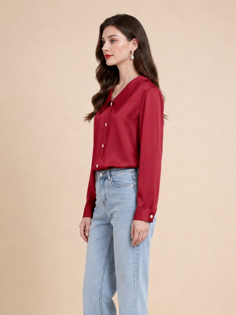Eleanor – Red Pointed Collar Silk Blouse | The Silk Avenue