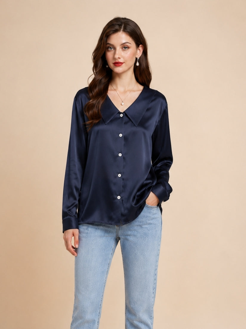 Eleanor – Navy Pointed Collar Silk Blouse | The Silk Avenue