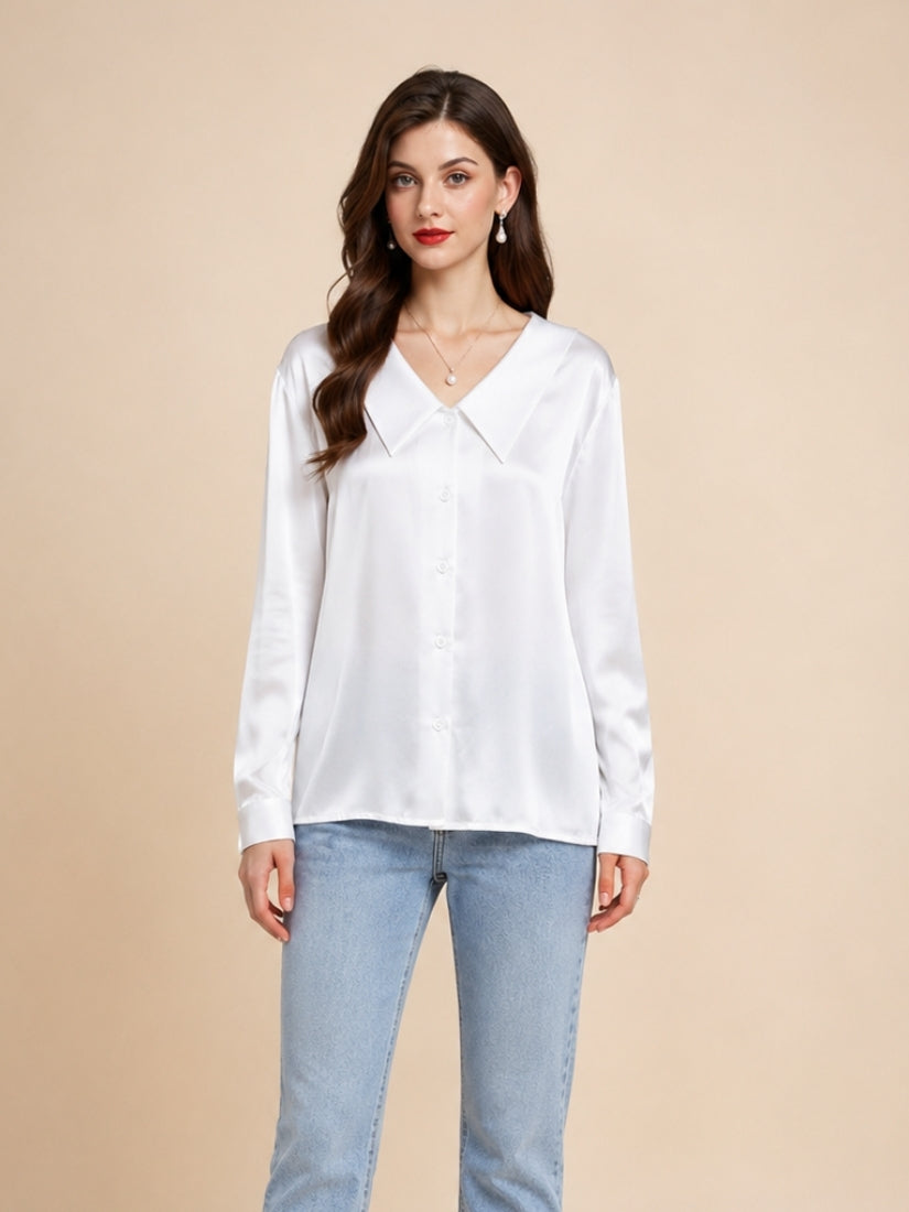 Eleanor – White Pointed Collar Silk Blouse | The Silk Avenue