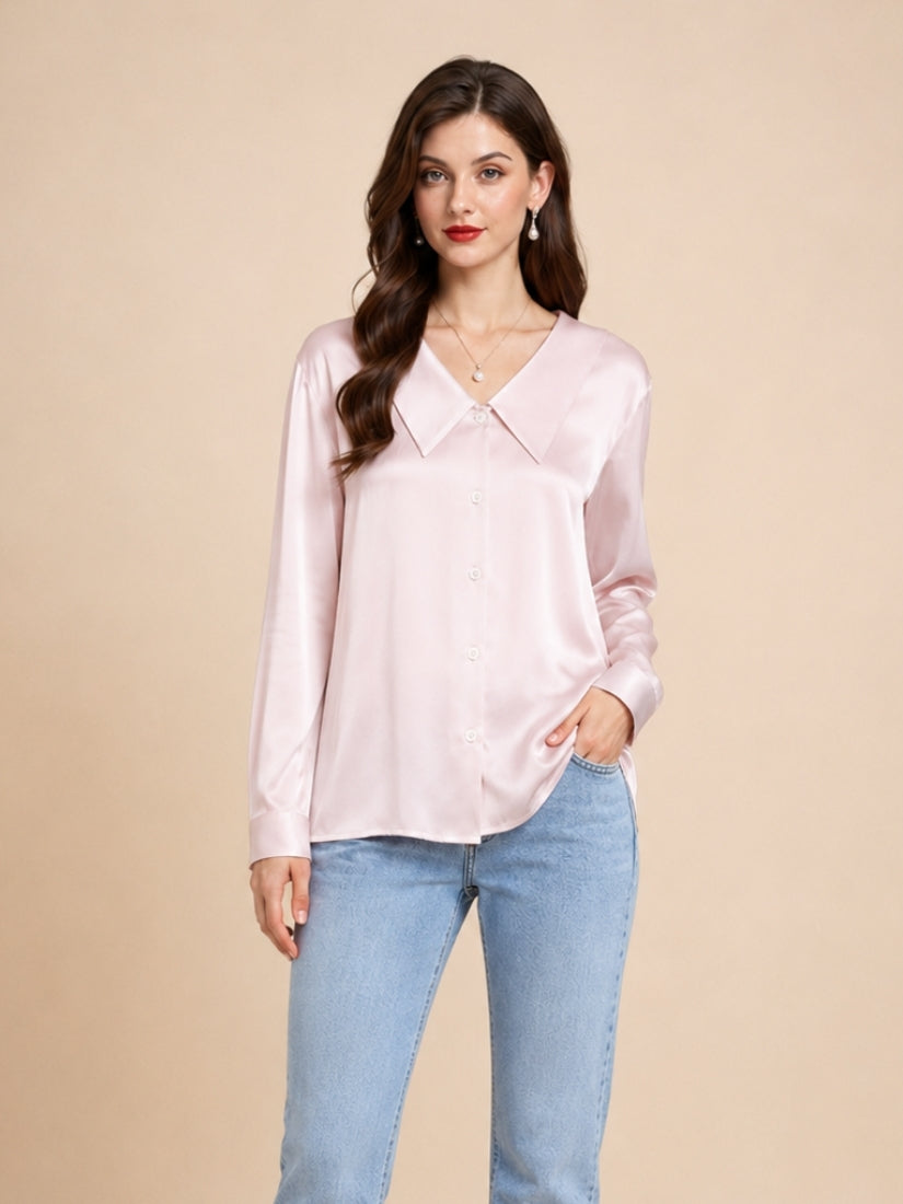 Eleanor – Blush Pink Pointed Collar Silk Blouse | The Silk Avenue