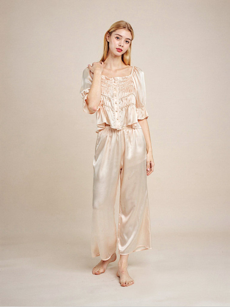 Elissina French Smocked Silk Pajama Set | The Silk Avenue