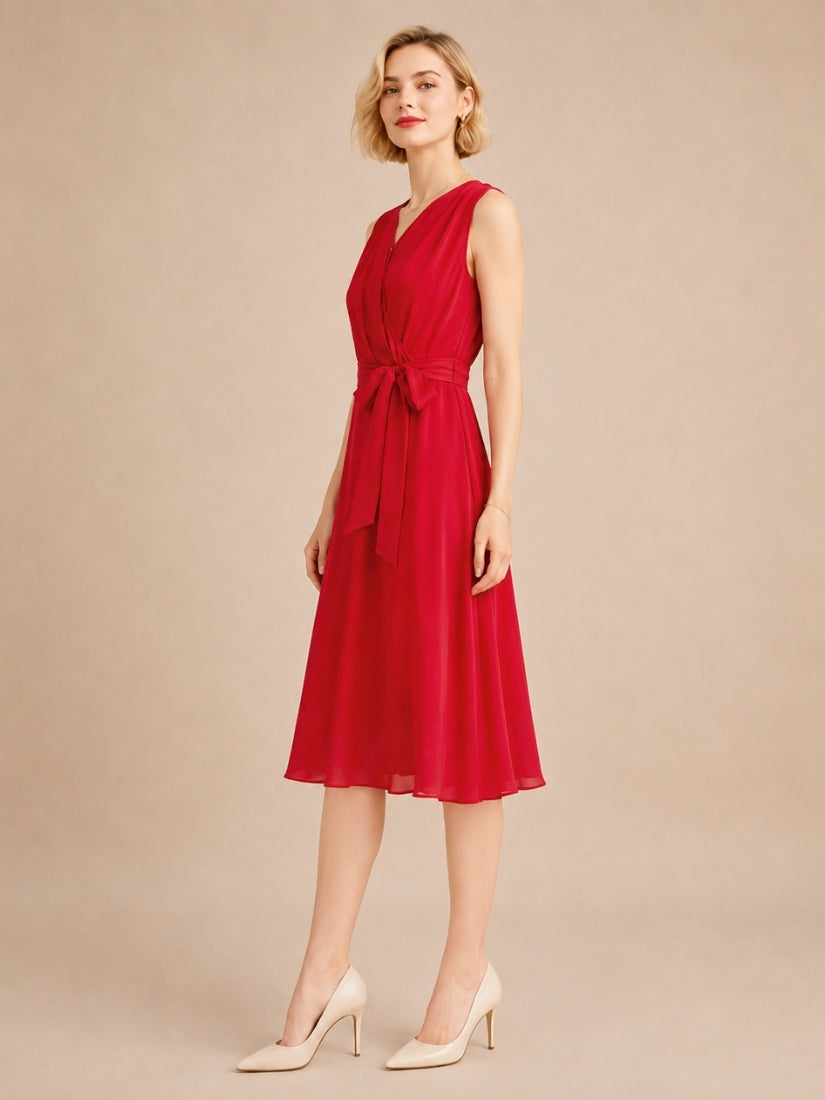 Elizabeth - Wrap V-Neck Silk Midi Dress Red | The Silk Avenue