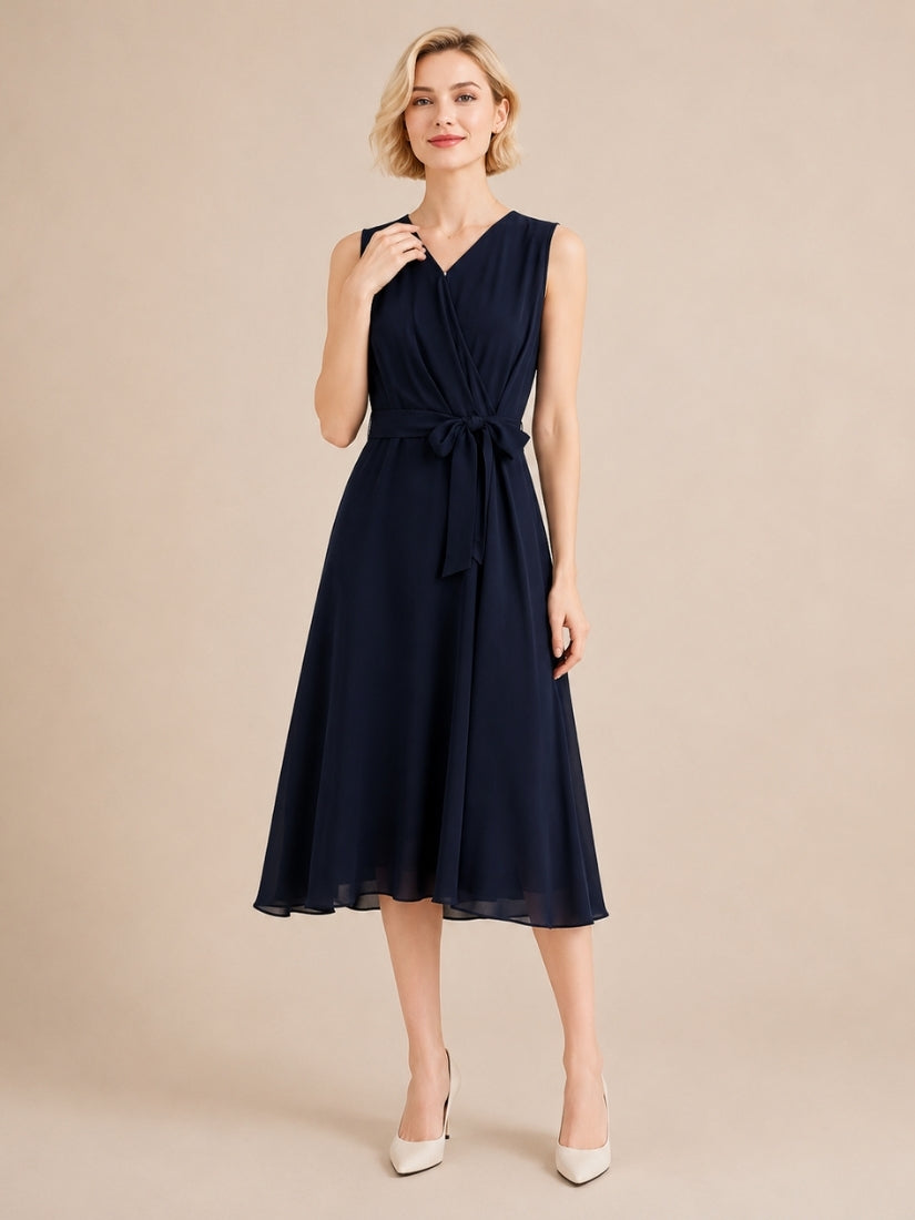 Elizabeth - Wrap V-Neck Silk Midi Dress Navy | The Silk Avenue