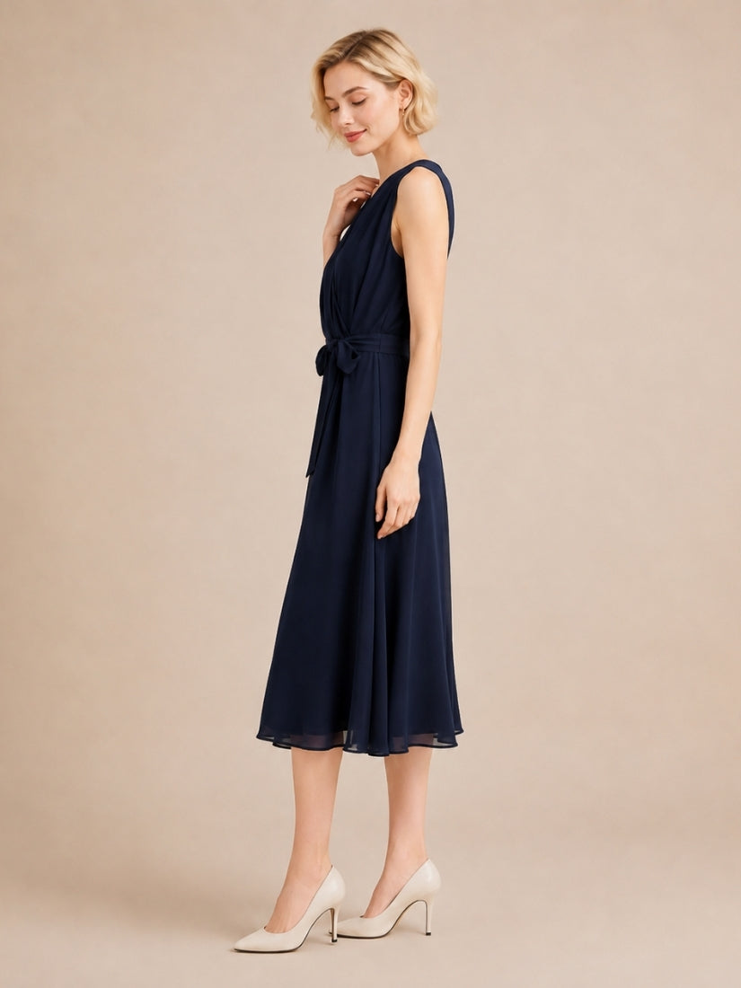 Elizabeth - Wrap V-Neck Silk Midi Dress Navy | The Silk Avenue