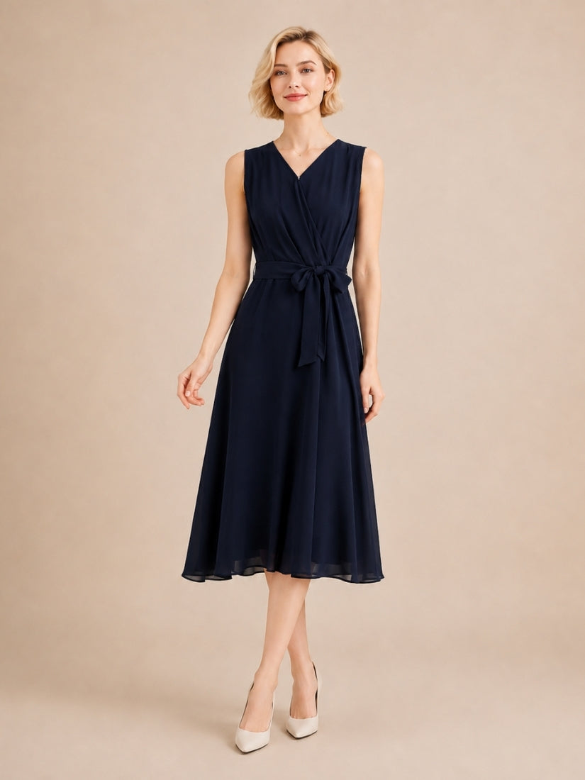 Elizabeth - Wrap V-Neck Silk Midi Dress Navy | The Silk Avenue