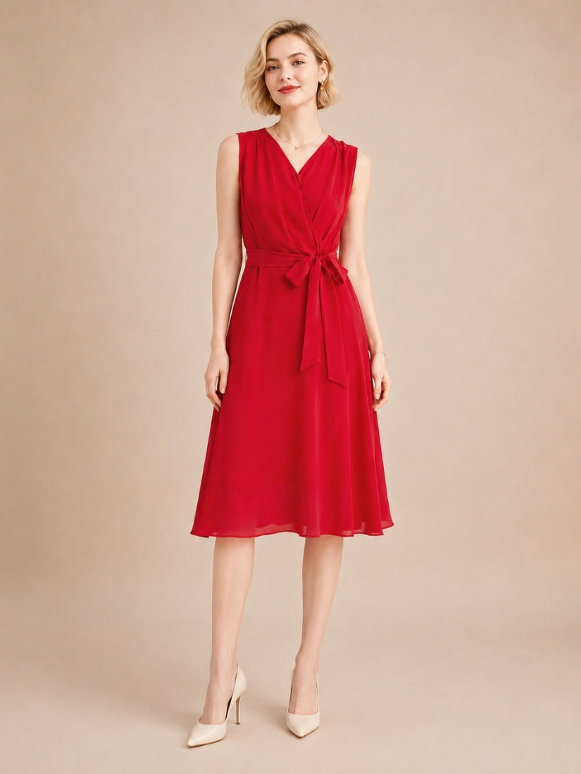 Elizabeth - Wrap V-Neck Silk Midi Dress Red | The Silk Avenue