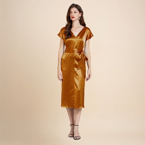 Eloise – Silk V-Neck Belted Midi Dress | The Silk Avenue