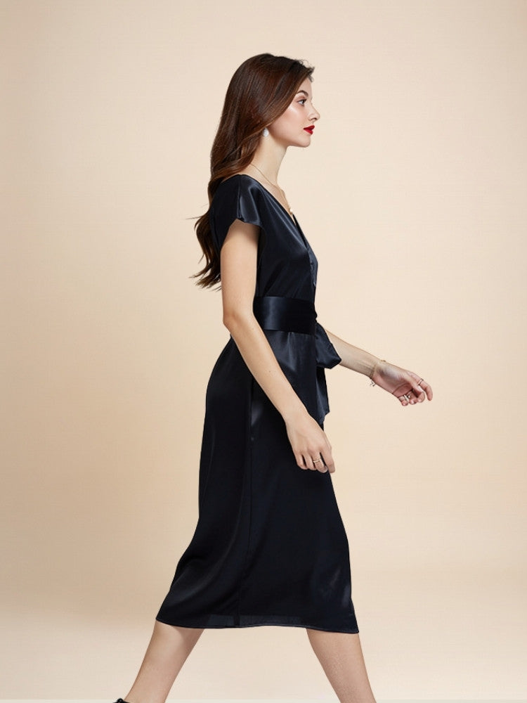 Eloise – Silk V-Neck Belted Midi Dress | The Silk Avenue