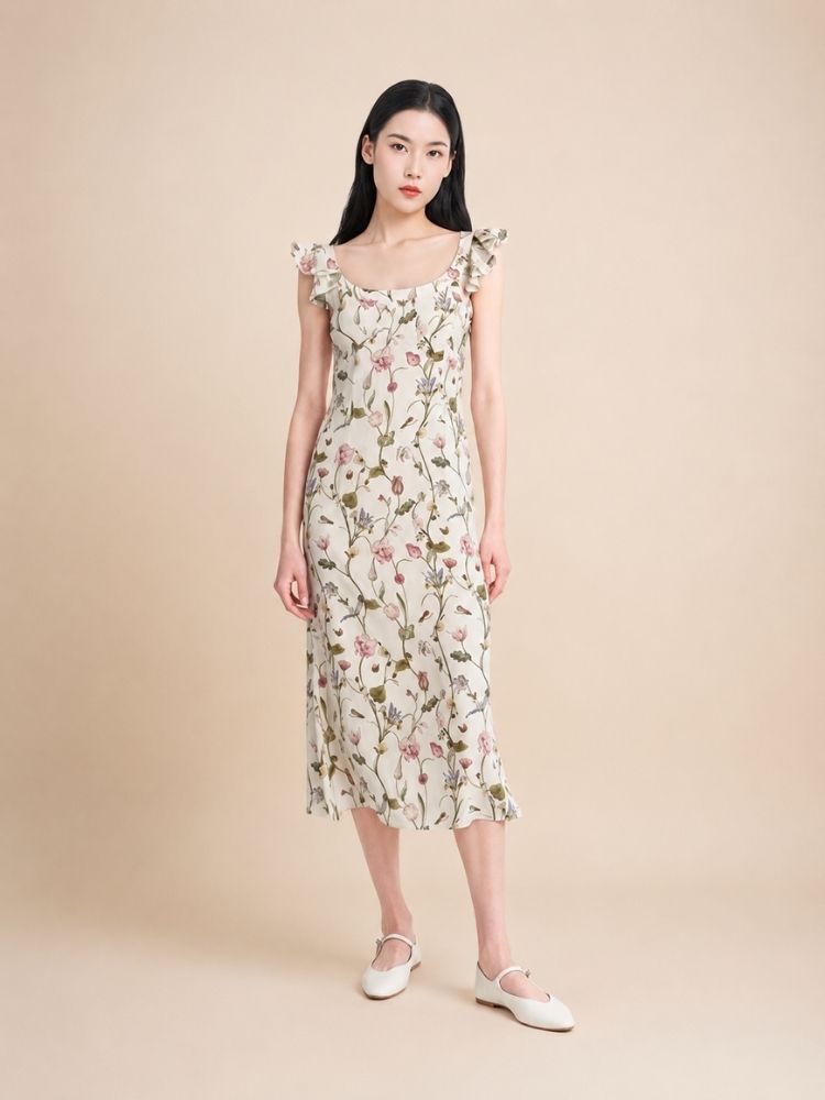 Elowra - Floral Print Flutter Sleeve Silk Dress | The Silk Avenue