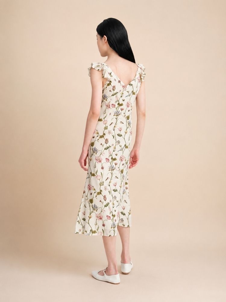Elowra - Floral Print Flutter Sleeve Silk Dress | The Silk Avenue