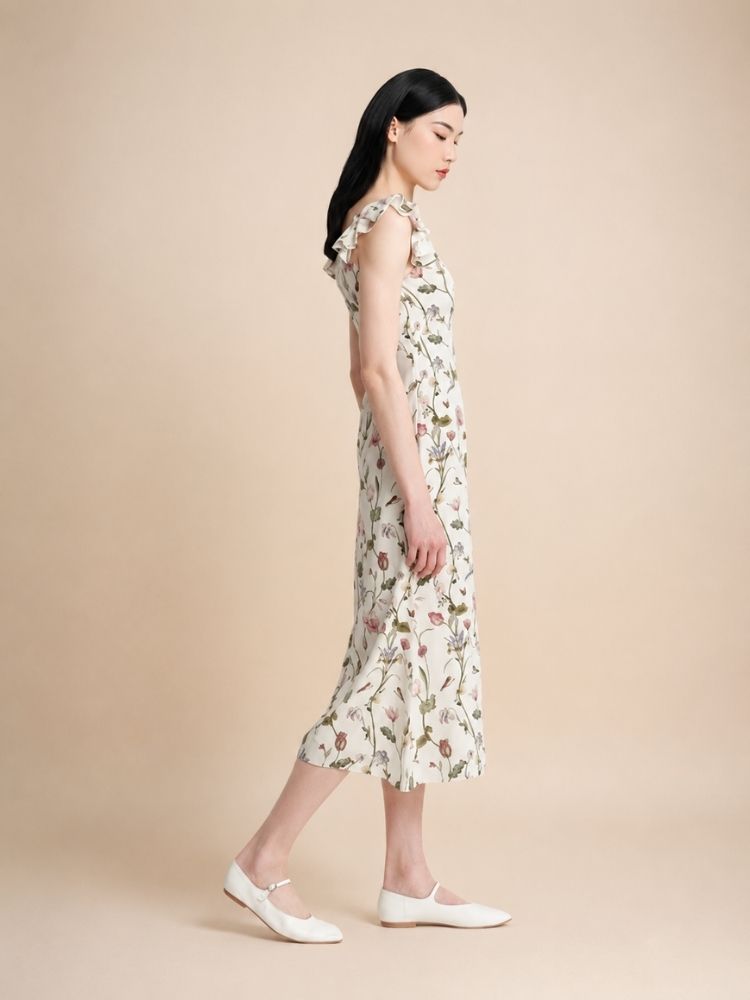 Elowra - Floral Print Flutter Sleeve Silk Dress | The Silk Avenue