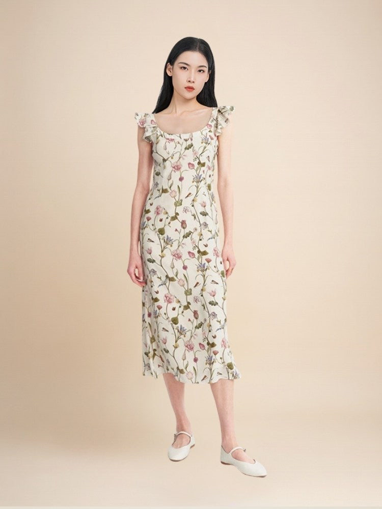 Elowra - Floral Print Flutter Sleeve Silk Dress | The Silk Avenue