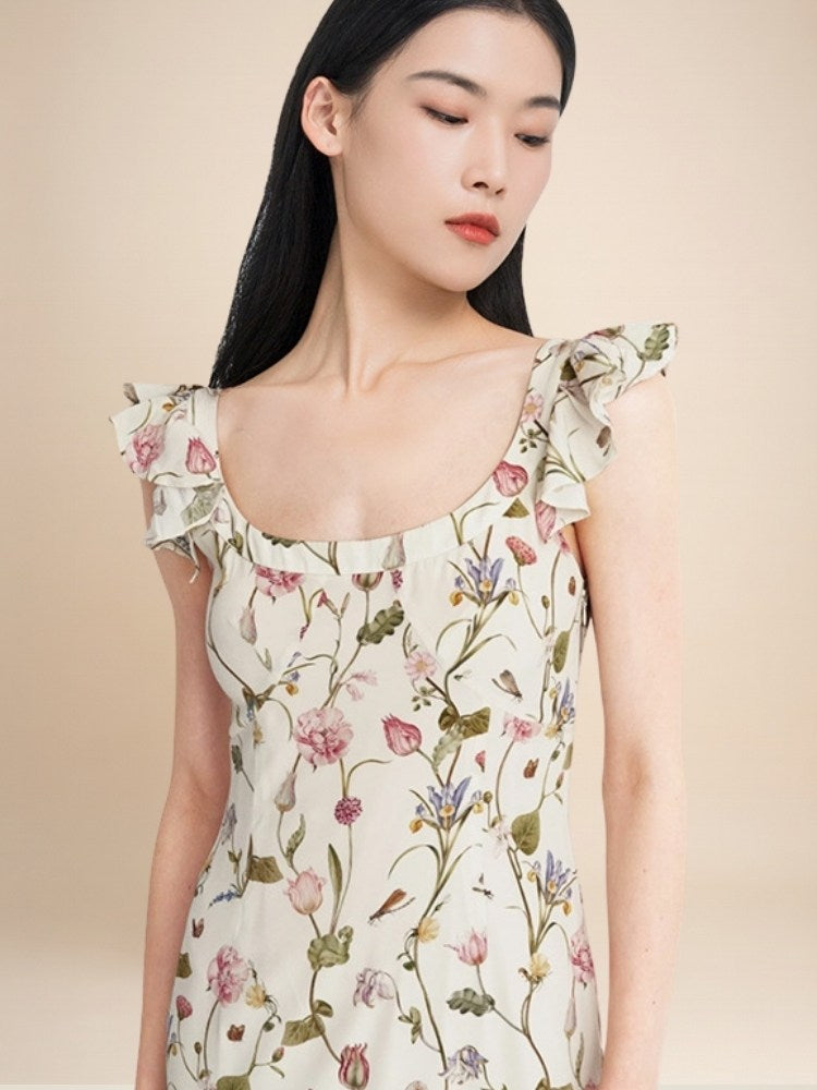 Elowra - Floral Print Flutter Sleeve Silk Dress | The Silk Avenue