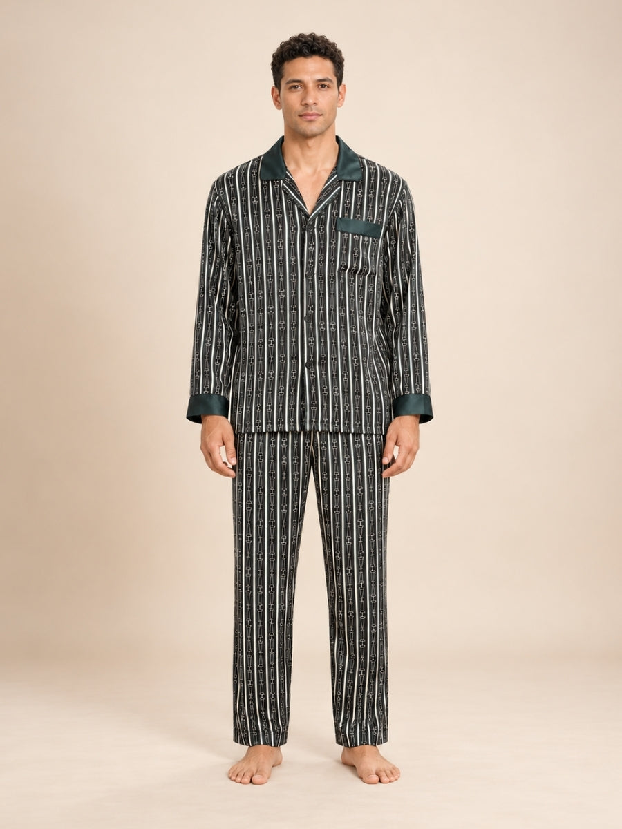 Emeric - Dark Green Chain-Print Silk Pajama Set | The Silk Avenue