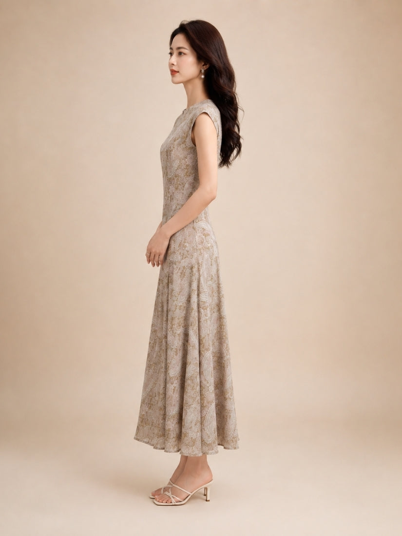 Estella - Paisley Print Silk Maxi Dress Taupe | The Silk Avenue