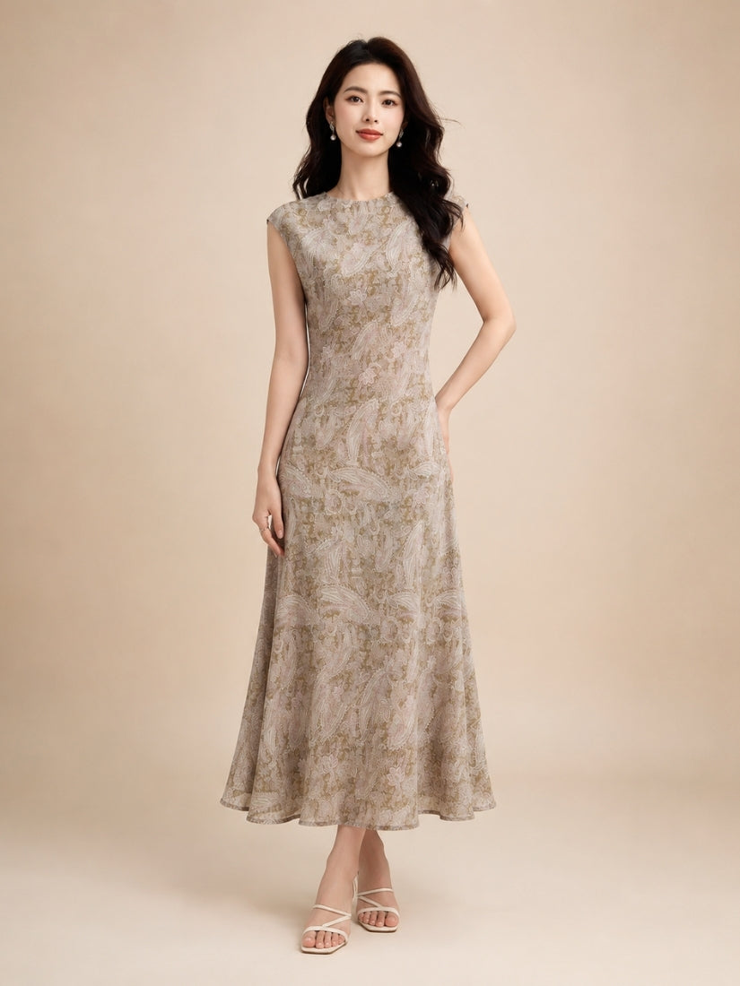 Estella - Paisley Print Silk Maxi Dress Taupe | The Silk Avenue