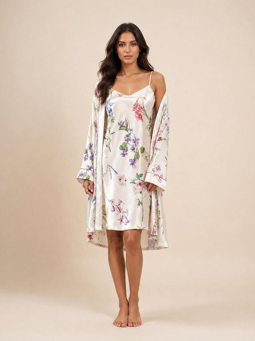 Gialora - White Floral Print Silk Robe Set | The Silk Avenue