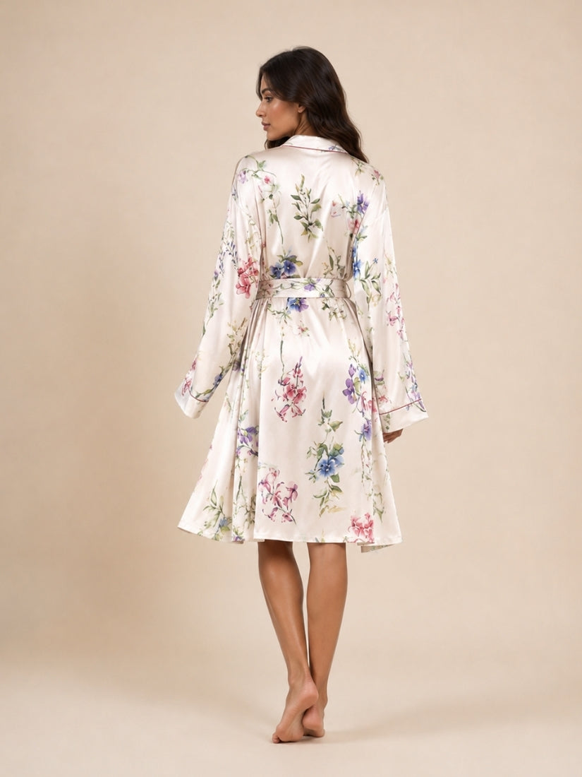 Gialora - White Floral Print Silk Robe Set | The Silk Avenue