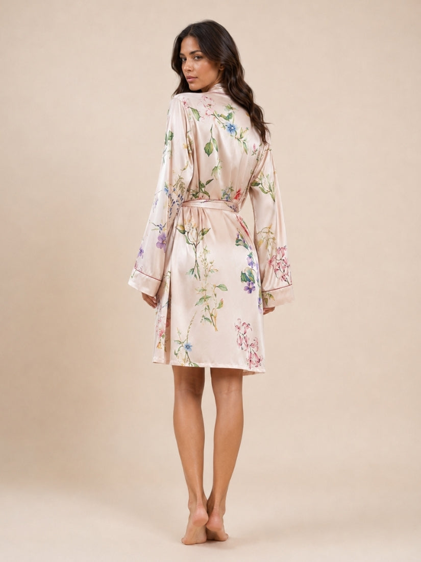 Gialora - Blush Pink Floral Print Silk Robe Set | The Silk Avenue