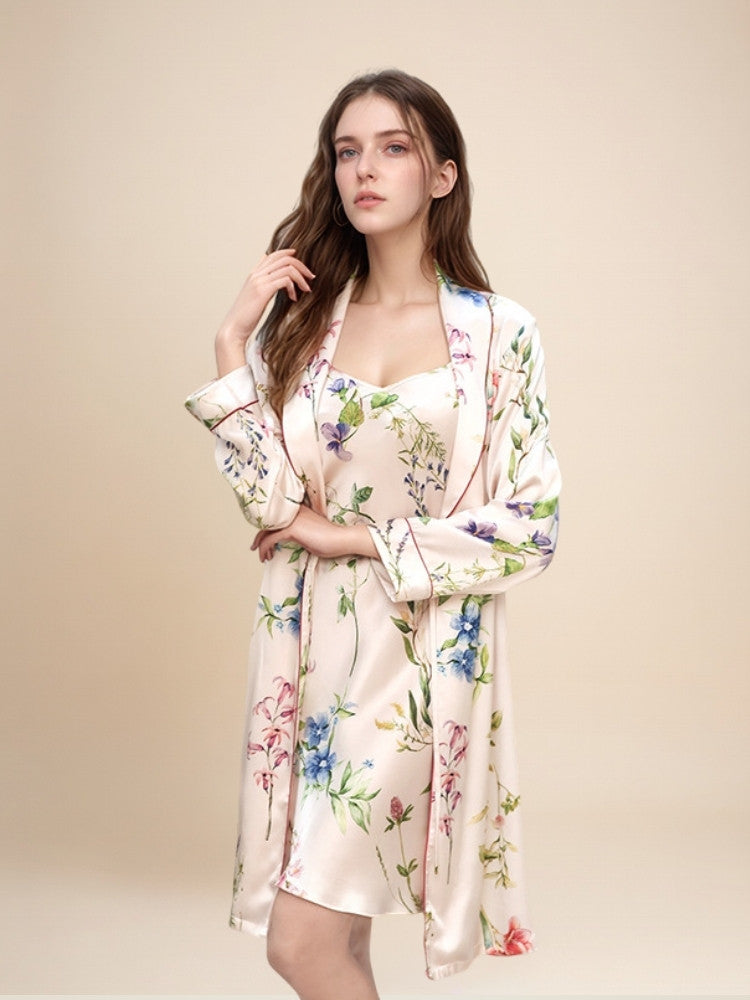 Gialora - Floral Print Silk Robe Set | The Silk Avenue