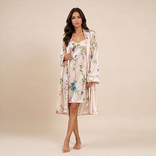 Gialora - Blush Pink Floral Print Silk Robe Set | The Silk Avenue