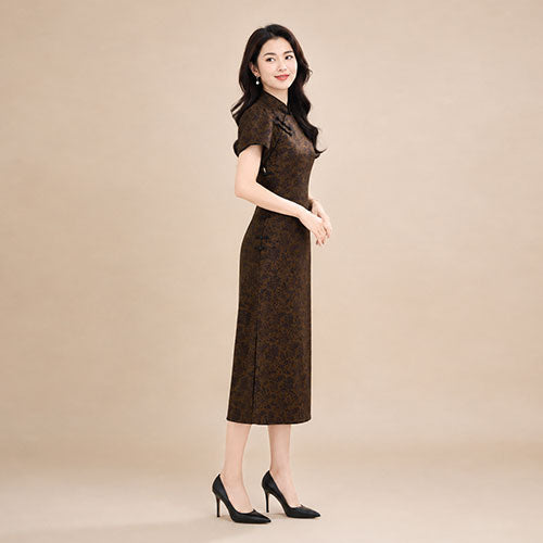 Haley - Jacquard Silk Qipao Midi Dress Drak Brown | The Silk Avenue