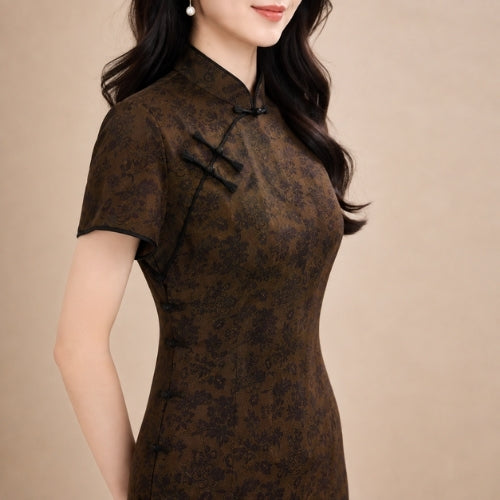 Haley - Jacquard Silk Qipao Midi Dress Drak Brown | The Silk Avenue
