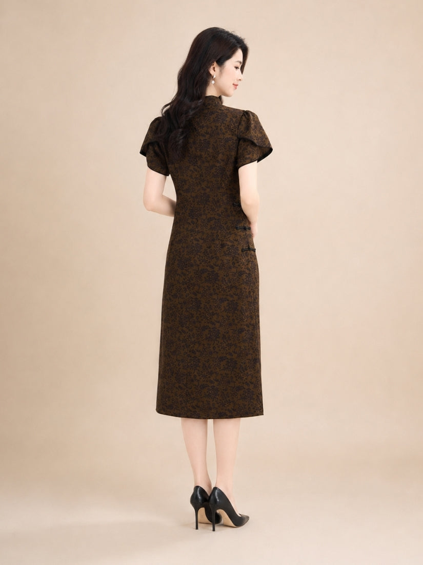 Haley - Jacquard Silk Qipao Midi Dress Drak Brown | The Silk Avenue