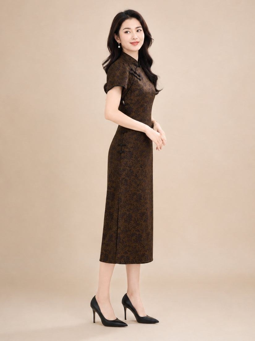 Haley - Jacquard Silk Qipao Midi Dress Drak Brown | The Silk Avenue