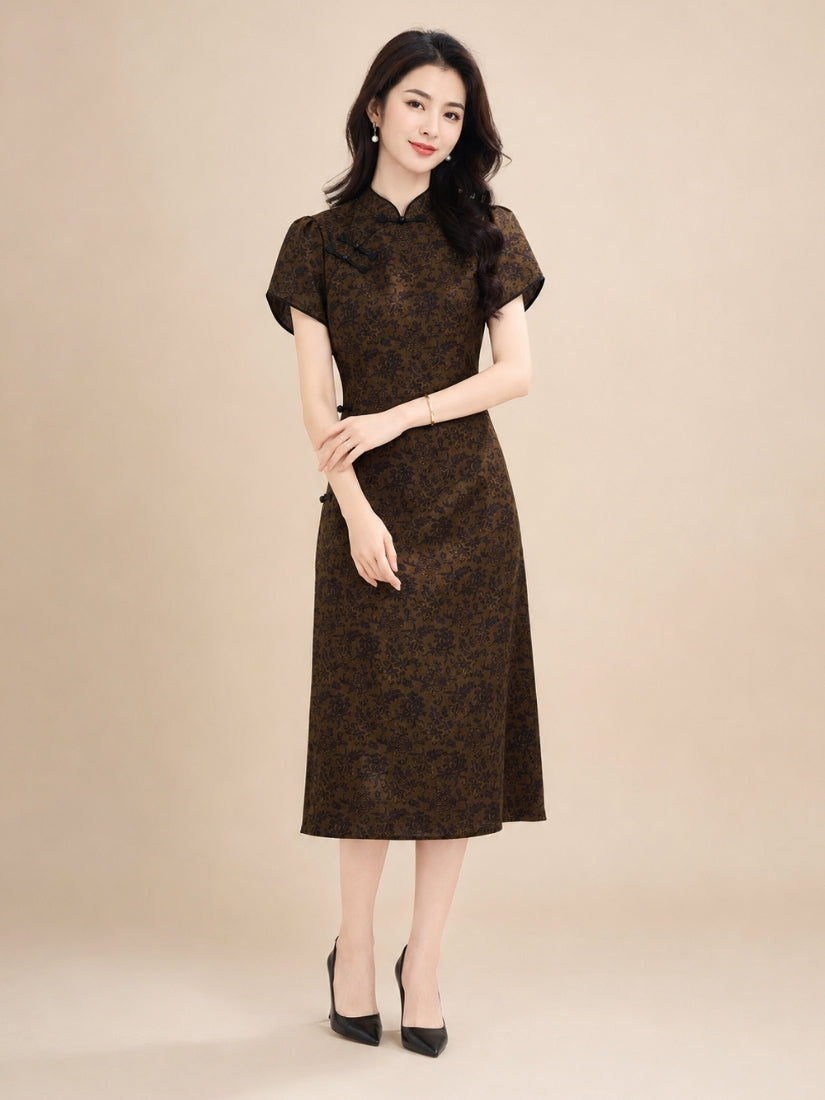 Haley - Jacquard Silk Qipao Midi Dress Drak Brown | The Silk Avenue