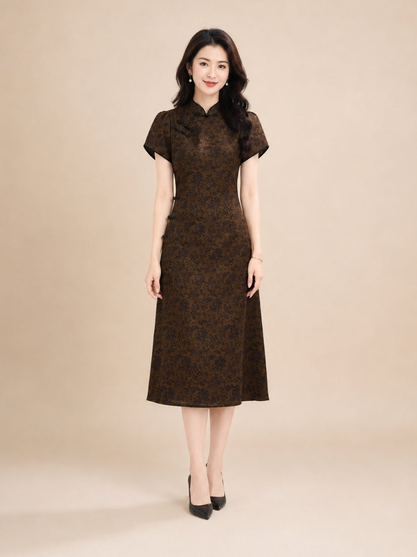 Haley - Jacquard Silk Qipao Midi Dress Drak Brown | The Silk Avenue