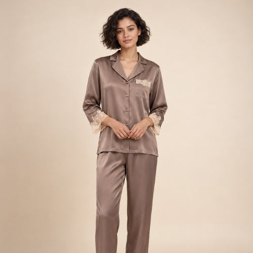 Helaene - Taupe Silk Lace Pajama Set | The Silk Avenue