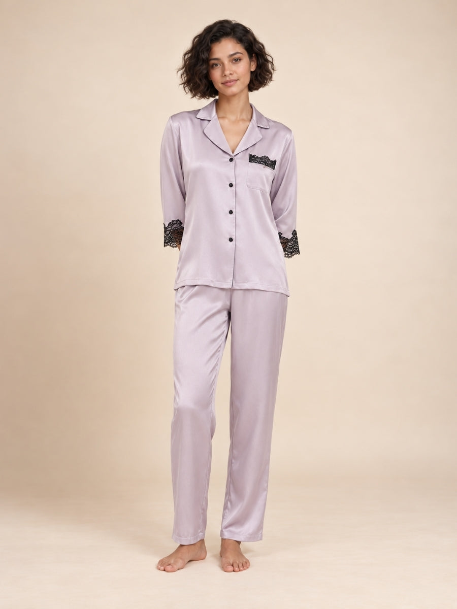 Helaene - Lavender Silk Lace Pajama Set | The Silk Avenue