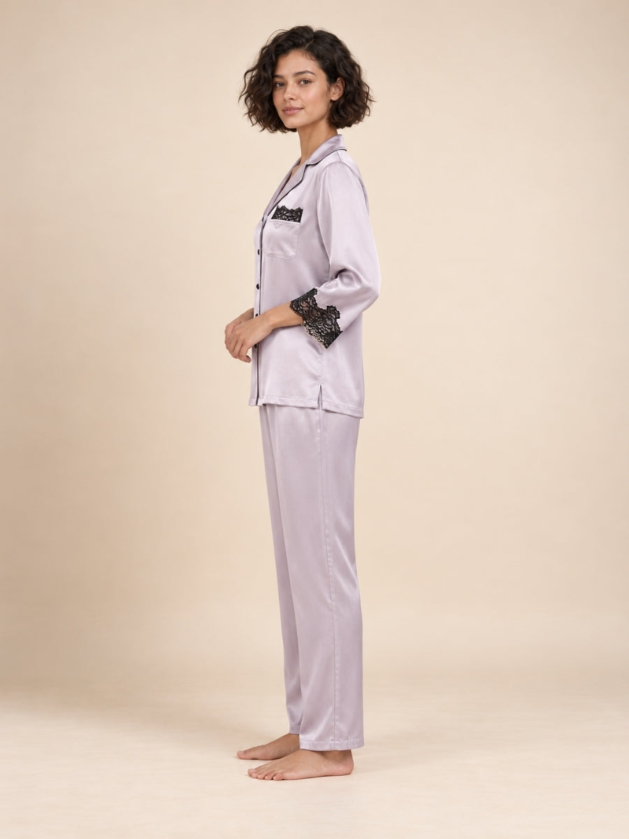 Helaene - Lavender Silk Lace Pajama Set | The Silk Avenue
